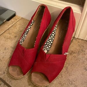 Toms Red Canvas Espadrille Wedges